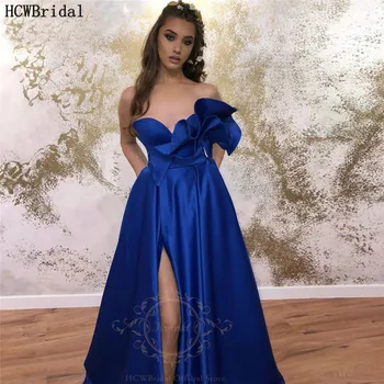Naujas Dizainas Royal Blue Seksualus Prom Dresses Aukštos Ritininės Brangioji Klostyti Satin Ilgos Oficialaus Vakaro Drabužiai Plius Dydis Baigimo Suknelė
