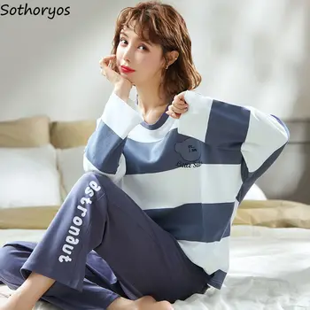 Pajama Komplektai Moterų Patogus Namų Drabužiai Ilgomis Rankovėmis Mielas Medvilnės Animacinių Filmų Spausdinti Sleepwear Pižamos Mados Laisvalaikio Korėjos Stiliaus Naujas