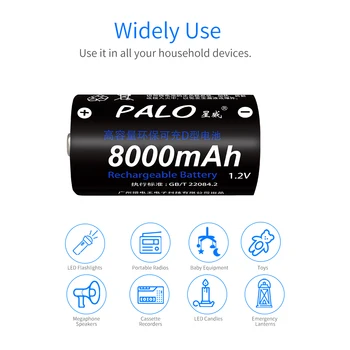 PALO 8pcs D dydžio, daugkartinio įkrovimo baterija D tipo nimh baterijos+LCD smart C D baterijos protingo įkroviklio 1.2 V AA AAA PK C D baterijos