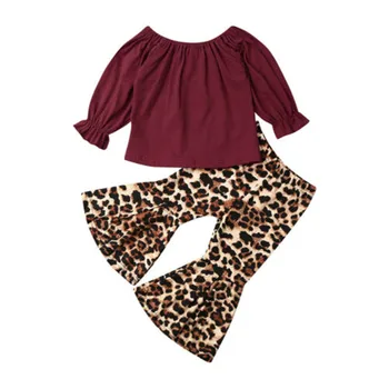 Rudenį Jaunikliai Bamblys Vaikas Baby Girl Kietas Drabužius ilgomis Rankovėmis Viršūnes T-shirt+Leopard Užsiliepsnojo Kelnės Apranga, Drabužiai Nustatyti 1-6Y