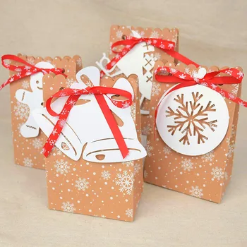 12pcs/daug Kalėdų Kraft Popieriaus Dėžutė Su Žyma Etiketės Snaigės Saldainių Maišelį 