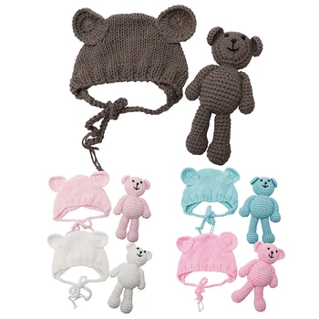 1Set Naujagimis Baby Bear Skrybėlę Fotografijos Rekvizitai Nėrimo Kepuraitė Fotografijos Reikmenys