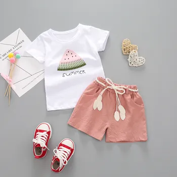 1y-4y Baby Girl Drabužiai Arbūzas Laiškas Išspausdintas Vasaros trumparankoviai Kostiumas (Top marškinėliai + vientisos Spalvos Šortai + Dekoratyvinė Virvė)