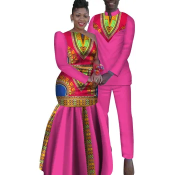 2 dalių Komplektas Afrikos Dashiki Spausdinti Pora Drabužių Mėgėjams vyriški Marškiniai ir ziajać Moterų Suknelė Šalis Vestuvių Mados WYQ16
