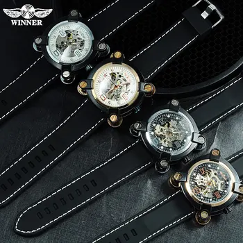 2016 Nugalėtojas laikrodžiai vyrams prabangos prekės sporto karinės mados skeletas automatinis vėjo mechaniniai laikrodžiai gumos juosta laikrodžius