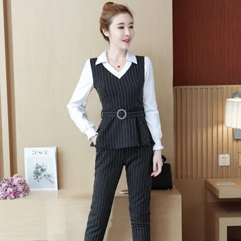 2019 M. Rudenį Office Dryžuotas Dviejų Dalių Rinkiniai, Komplektai Moterų Netikrą Dviejų Dalių, Marškiniai Ir Kelnės, Kostiumai Elegantiškas Korėjos Ponios Rinkiniai Juoda