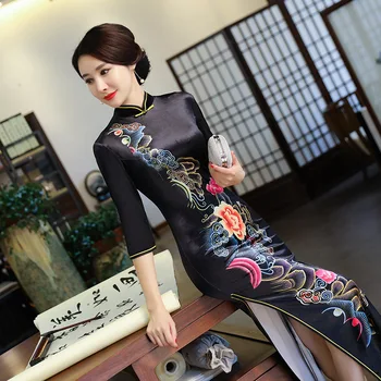 2019 Mados Ilgai Cheongsam Kinų stiliaus Mandarinų Apykaklės Suknelė Moterų Pavasario Veliūras Qipao Slim Šalis Suknelės Vestido S 3XL