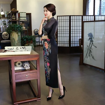 2019 Mados Ilgai Cheongsam Kinų stiliaus Mandarinų Apykaklės Suknelė Moterų Pavasario Veliūras Qipao Slim Šalis Suknelės Vestido S 3XL