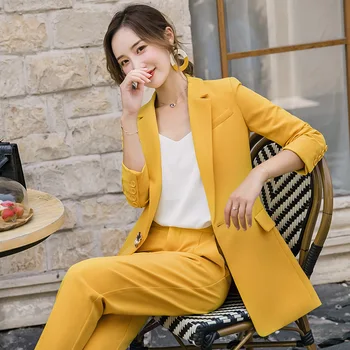 2019 naujas ponios kostiumas rudens mados geltona ilgai skirsnis vakarų plonas korpusas, plonas kelnes dvi temperamentas moteriški drabužiai
