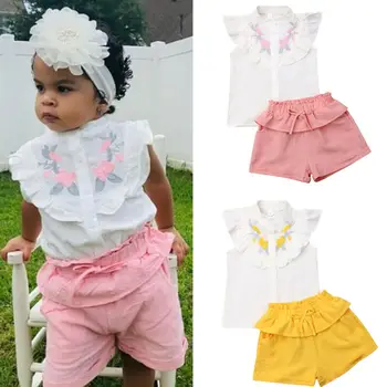 2019 Naujas Vaikas Baby Girl rankovių Pynimas Gėlių Viršūnes balti Marškiniai +Rožinė Šortai vasaros Komplektus Sunsuit Drabužius 2-7T
