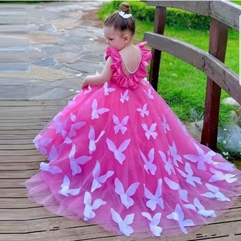2019 Nauji Aukštos Kokybės Merginos Gimtadienio Suknelė su Perlų Rožė Raudona Puffy Tiulio Gėlių Mergaitės Suknelė su 3D Drugeliai Vestidos