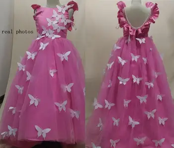 2019 Nauji Aukštos Kokybės Merginos Gimtadienio Suknelė su Perlų Rožė Raudona Puffy Tiulio Gėlių Mergaitės Suknelė su 3D Drugeliai Vestidos