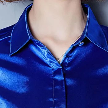 2019 Šilko Satino Palaidinė Mygtuką Moterų Atvartas ilgomis Rankovėmis Marškinėliai Ponios Darbo Elegantiškas Moterų Viršūnių Aukštos Kokybės Palaidinės 3XL