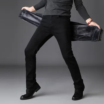 2019 Žiemos Naujas Vyrų Šiltas Juodos spalvos Skinny Džinsai Klasikinio Stiliaus Slim Fit Ruožas Storas Kelnes Mados Kelnės Vyriškos Prekės