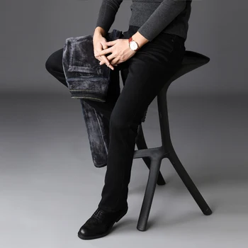 2019 Žiemos Naujas Vyrų Šiltas Juodos spalvos Skinny Džinsai Klasikinio Stiliaus Slim Fit Ruožas Storas Kelnes Mados Kelnės Vyriškos Prekės