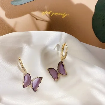 2020 korėjos naujas mados juvelyrikos išskirtinį vario inkrustacijos cirkonis stiklo drugelis violetinė auskarai, karoliai atidaryti žiedas moterų papuošalai