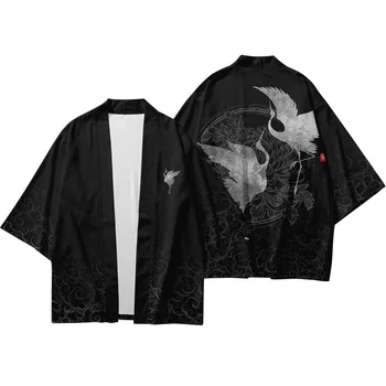 2020 m. Japonijos Harajuku Kimono Megztinis Vyrams Sidabrinė Gervė Spausdinti Megztinis Vyrams Kimono Plius Dydis XS-6XL