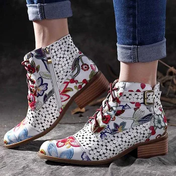 2020 m. Moteris Užtrauktuku Batai Gėlių Spausdinti Kulkšnies Mados Pažymėjo tne Ponios Sexy batai socofy dizainerio batai Tvirtas vienintelis mažas kulnas