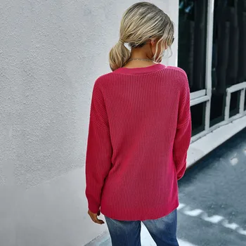 2020 m. Rudens Ir Žiemos vientisos Spalvos V-kaklo, Tuščiaviduriai Iš ilgomis rankovėmis Moterų Megztinis Moteriška Atsitiktinis Laisvas Megztinis Streetwear