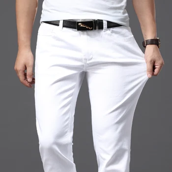 2020 m. Rudenį Nauji vyriški Ruožas Balti Džinsai Klasikinio Stiliaus Slim Fit Minkštu Kelnės Vyriškos Prekės ženklo Verslo Atsitiktinis Kelnės
