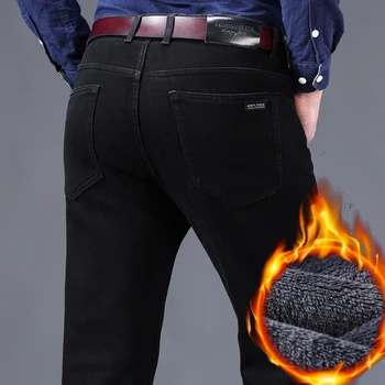 2020 m. Žiemos JeansNew Vyrų Mados FleeceJeans Verslo Atsitiktinis Slim Stretch Džinsai Klasikinės Kelnės Džinsinio audinio Kelnės Vyriškos Prekės Juoda
