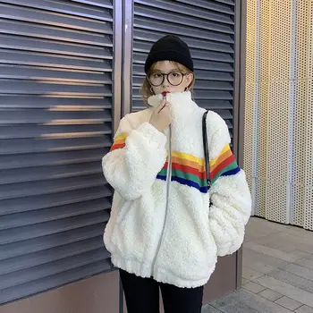 2020 M. Žiemos Moterys Ėriukų Vilnos Striukė Vaivorykštės Spalvų Dryžuotas Kratinys Ilgomis Rankovėmis Su Užtrauktuku Šiltų Viršutinių Drabužių Siuvimas Kailis Harajuku Streetwear
