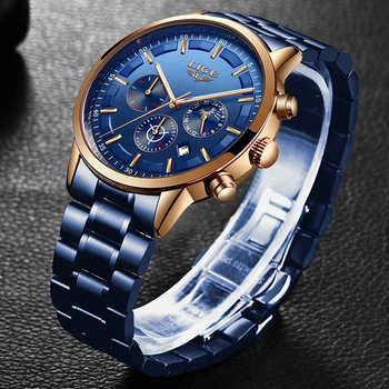 2020 Mados Mėlyna Žiūrėti Vyrų LIGE Naujas Visų Plieno Vyrai Laikrodžiai Top Brand Prabangių Vyrų Vandeniui Kvarcinis Laikrodis Sporto Chronograph+Box