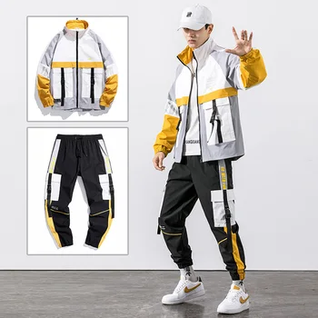 2020 metų Hip-Hop darbo drabužiai jacket Mens Tracksuit Striukė+Kelnės 2VNT Rinkiniai beisbolo prarasti Užtrauktukas Juostelės Kailis & Ilgai Pants Mens Drabužiai
