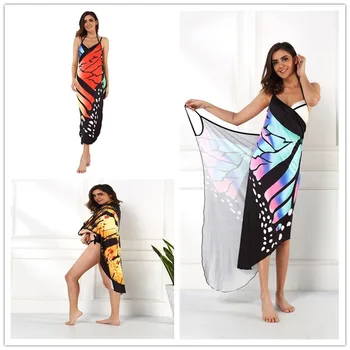 2020 Metų Vasaros Moterų Paplūdimio Drabužiai Tunika Bikini Vonia Sarongas Įvyniojimas Sijonas Maudymosi Kostiumėlį Padengti Iki Drugelis Spausdinti Seksualus Cover-Up Dress Maudymosi Kostiumėliai