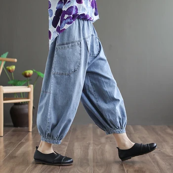 2020 metų Vasaros Naujas Meno Stilius, Moterys Elastinga Juosmens Medvilnės Džinsinio audinio Pločio Kojų Kelnės Viskas suderinta Atsitiktinis Palaidų Vintage Black Jeans S975