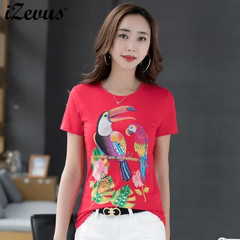 2020 metų vasaros naują apvalios kaklo moterų trumparankoviai marškinėliai rankų darbo zawalcowany siuvinėjimo parrot modelis T-shirt