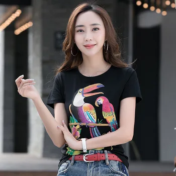 2020 metų vasaros naują apvalios kaklo moterų trumparankoviai marškinėliai rankų darbo zawalcowany siuvinėjimo parrot modelis T-shirt