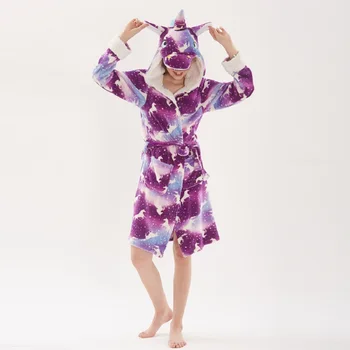 2020 Mielas Vienaragis Flanelė Rūbeliai Sleepwear Unisex Suaugusiųjų Gyvūnų Animacinių filmų Homewear Moterų Šiltas Gobtuvu Kišenės Kelio ilgis Pižama