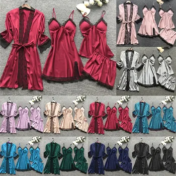 2020 Moterų Pižama Rinkiniai Satino Sleepwear Šilko 4 Gabalus, Naktiniai Drabužiai Pyjama Spageti Dirželis Nėrinių Miego Lounge 