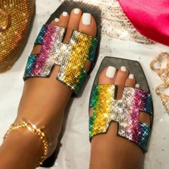 2020 Moterų Vasaros Sandalai Butai Plius Dydžio Batus Moteris Blizga Bling Kristalų Šlepetės Atidaryti Tne Sandalias Mujer Sapato Feminino