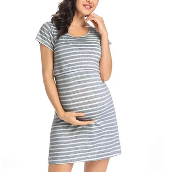 2020 motinystės suknelės Moterų Motinystės O-kaklo trumpomis Rankovėmis Dryžuotas Spausdinti Slaugos Suknelė Krūtimi для беременных