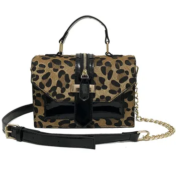 2020 naujas mados korėjos versija Kailio Leopard mažas kvadratas maišelį lakinės odos grandinės vienos peties kreivai span moterų maišas
