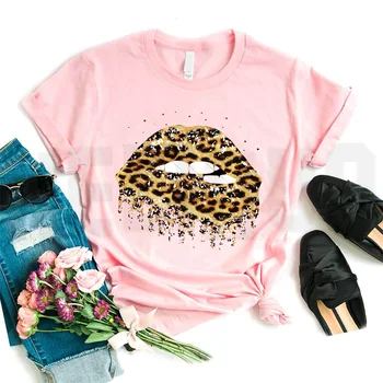 2020 Naujas Moterų Mados Lūpų Leopard Grafinis T-Shirt Lūpų Merginų Topai Marškinėliai Bazę, O Kaklo Camisa Leopard Juoda Tees Kiss Meilė Tee Viršų