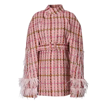 2020 Naują pavasario gpgb sleev paltą Moteris rožinės spalvos pledas cashmere long striukė moteriška kilimo ir tūpimo tako dizaineris plunksnų diamond elegantiškas šalis kailis