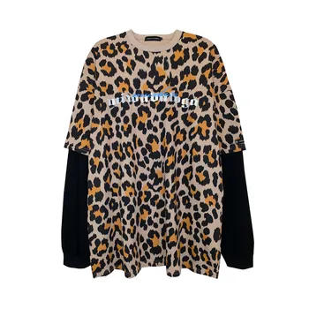 2020 Netikrą Dviejų dalių ilgomis Rankovėmis Tshirts Mens Leopardas Spausdinti Tees Marškinėliai Streetwear Hip-Hop Atsitiktinis Palaidų Tshirts Vyrų Viršūnes WQ037