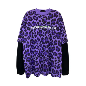 2020 Netikrą Dviejų dalių ilgomis Rankovėmis Tshirts Mens Leopardas Spausdinti Tees Marškinėliai Streetwear Hip-Hop Atsitiktinis Palaidų Tshirts Vyrų Viršūnes WQ037