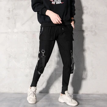 2020 Vyrų Streetwear Kelnes Juodos Haremo Kelnės Šviesiai Vyrų Punk Kelnes Juostelės Atsitiktinis Slim Jogger Kelnės Vyrams Hip-Hop Kelnės LBZ138