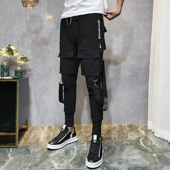 2020 Vyrų Streetwear Kelnes Juodos Haremo Kelnės Šviesiai Vyrų Punk Kelnes Juostelės Atsitiktinis Slim Jogger Kelnės Vyrams Hip-Hop Kelnės LBZ138