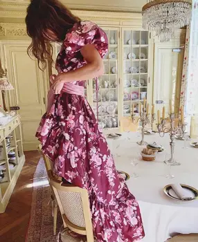 2020 Šviesus Satino Vyno raudonos spalvos Gėlių Spausdinti Sluoksniuotos Rankovėmis Swing Suknelė Moterims Off Peties V kaklas Ilgas Šalis Suknelės Elegantiškas Vestido