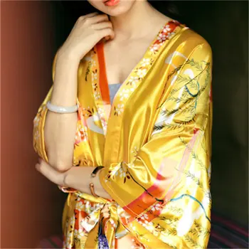 2021 Chalatas Moterims Satino Bridesmaid, Chalatai Derliaus Kimono Spausdinti Gėlių Skraiste Namų Padažu Suknelė Geltona Vestuvių Chalatai #P144
