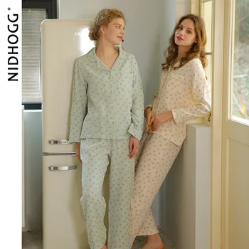2021 M. Pavasarį Moterų Pižama Medvilnės Krepo Kiaulpienių Spausdinti Pijamas Sielovados Stiliaus Ilgomis Rankovėmis Loungewear Dviejų Dalių Minkštas Sleepwear
