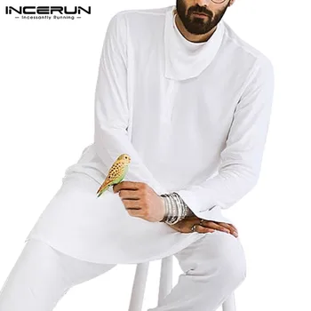2021 Mados Musulmonų Ilgai Marškinėliai Vyrams, ilgomis Rankovėmis Nereguliarus Apykaklės Camisa Atsitiktinis vientisos Spalvos Prarasti arabų Dubajus Viršūnės S-5XL INCERUN