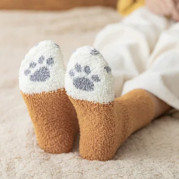 2pair Mielas katė letenas spausdinti namo aukšte kojinės šiltas patogiai namuose kojinės Koralų Vilnos moterų, mergaičių, kilimų kojinės