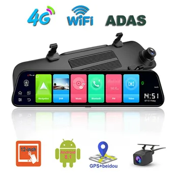 4G Brūkšnys Cam 12 colių Automobilio galinio vaizdo Veidrodis ADAS Android 8.1 FHD 4G+32G Diktofonas, GPS Navigacijos Brūkšnys Kamera Galinio vaizdo Veidrodėlis Automobilių DVR