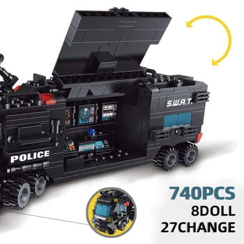 740pcs Blokai logoINGlys Miesto Swat Komandos Policijos Nuovada Transporto Automobilių, Sunkvežimių Transformacijos Robotas Plytų Vaikas Žaislo Modelis